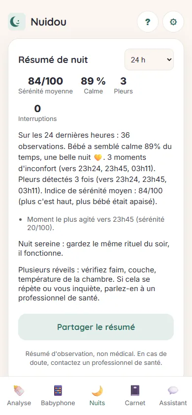 Résumé de nuit : pleurs, interruptions, sérénité moyenne